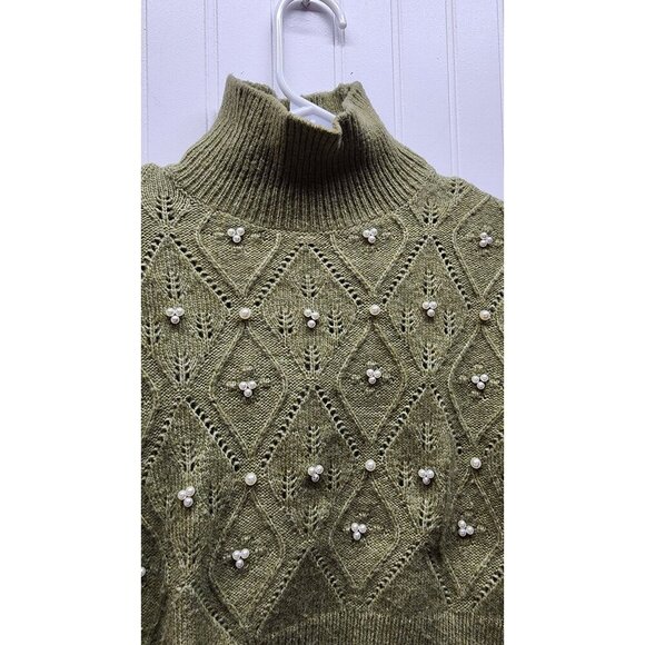 Zara Beaded Olive Green Cropped Turtleneck Sweater With Diamond Knit Design & Pe - Picture 6 of 10